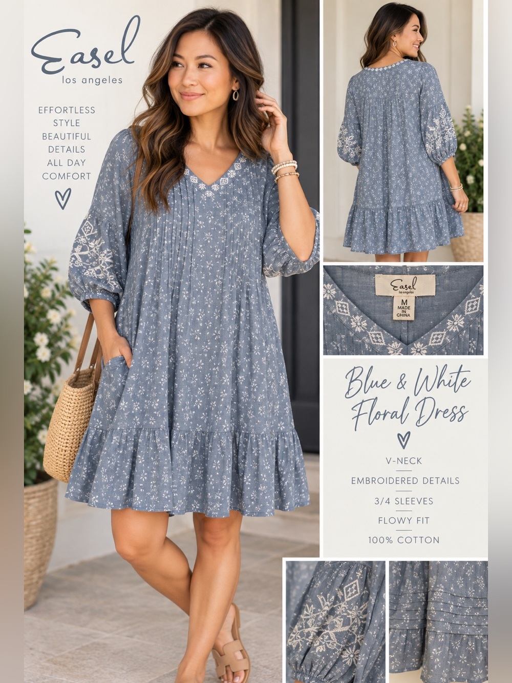 Easel Dress Size M Blue White Floral Embroidered